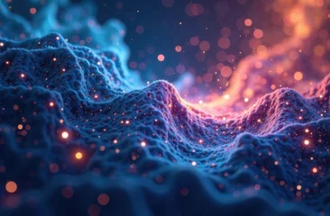 Fotobehang Futuristic abstract landscape with glowing particles and a wavy textured surface in blue and orange tones © Алена Ваторина