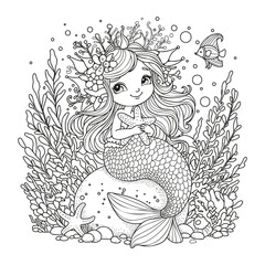 Cute mermaid underwater sitting on a rock hugging a starfish. Coloring page for kids and adults.
