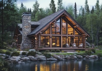 Obraz premium A modern log cabin with large windows and an open porch, located in Montana on the edge of forested hills overlooking a beautiful lake at dusk.