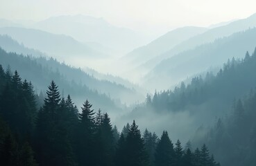 Obraz premium Misty mountain landscape with hills, forest. Evergreen trees in fog. Mysterious woodland panoramic view, scenic natural environment. Perfect background wallpaper for travel, nature, outdoor adventure