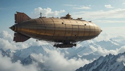 Naklejka premium Steampunk Airship Above Mountains