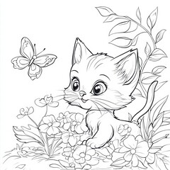 Obraz premium Whimsical Kitten and Butterfly in the Garden: A cute cartoon kitten frolics in a garden, with flowers and a butterfly, perfect for children books. 