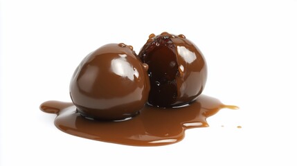 Two shiny, chocolatey eggs with caramel oozing out on a crisp white background