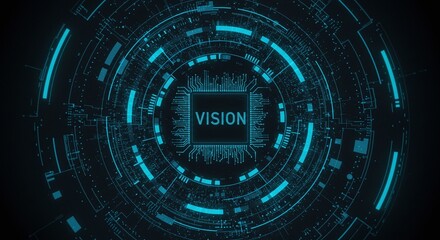 Vision: A dynamic illustration of technological advancement, featuring a glowing circuit board with the word "VISION" at its core, capturing the essence of innovation, progress.