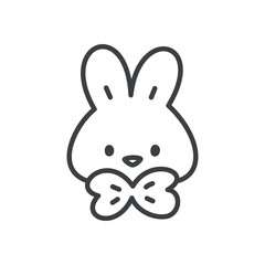 Cute bunny face icon. Hand drawn monochrome illustration of a funny rabbit with bow isolated on a white background. Kawaii spring sticker. Vector 10 EPS.