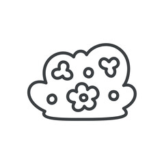 Cute bush icon. Hand drawn monochrome illustration of a shrub with flowers isolated on a white background. Kawaii spring sticker. Vector 10 EPS.
