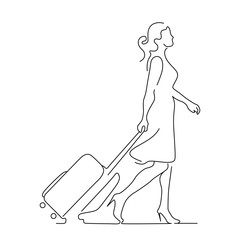 A woman with a suitcase, ready for a trip or vacation one line drawing