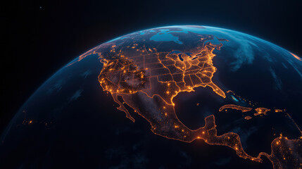 stunning view of Earth at night, showcasing illuminated cities across North America. vibrant lights highlight urban areas and landscapes