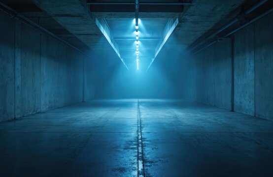 Dramatic empty concrete parking lot with blue lighting. Underground industrial interior with illuminated asphalt floor, dark building frame, grunge wall, contrast. Moody indoor space, retro urban - Powered by Adobe