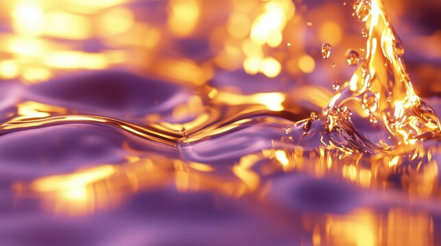 Water Dance: The image captures a dynamic moment as water ripples and splashes, with a blend of golden and purple hues casting an ethereal glow, highlighting the beauty of liquid movement.