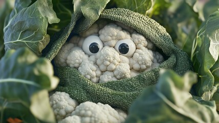 a cute vegetable character with eyes in the field wearing a scarf, white cauliflower plant