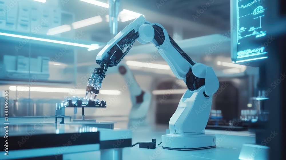 Poster advanced robot with artificial intelligence in a futuristic lab analyzing real-time data