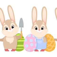 Seamless border of cute Easter bunnies and eggs