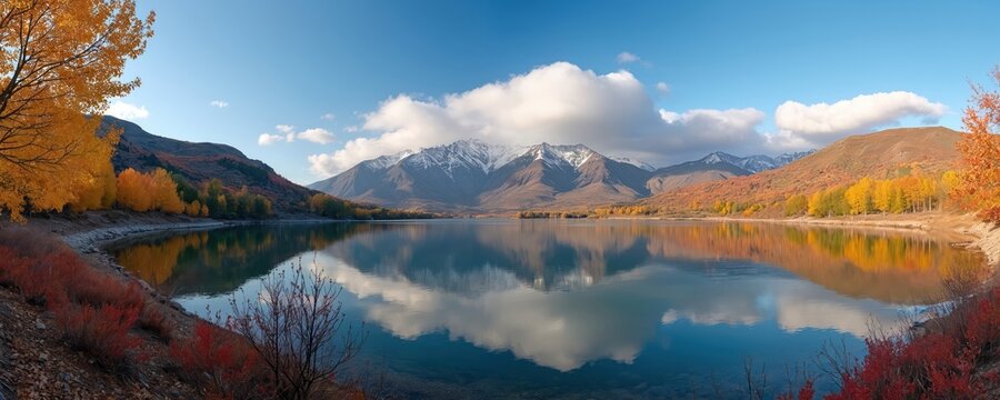 Panoramic view of Deer Creek reservoir and Mount Timpanogos peak in Utah. Mountain landscape with alpine lake, colorful autumn trees, blue sky with clouds. Reflection of scenery in water.