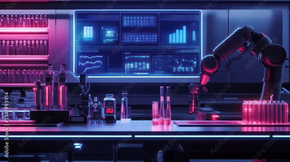 Poster futuristic lab robot working on experiment