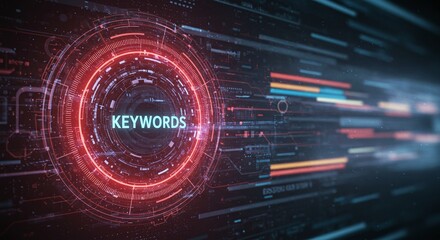 Obraz premium Digital Keywords Visualization: A futuristic digital interface displays the word 