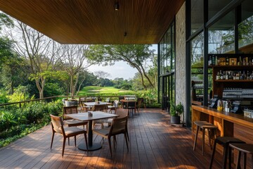 Fototapeta premium Luxurious outdoor patio dining area overlooking a golf course