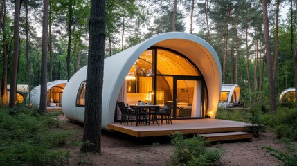Modern Eco-Lodges: Stylish, modern eco-lodges nestled within a vibrant forest, each with sleek curved architecture, welcoming interiors, and large windows offering stunning views. 