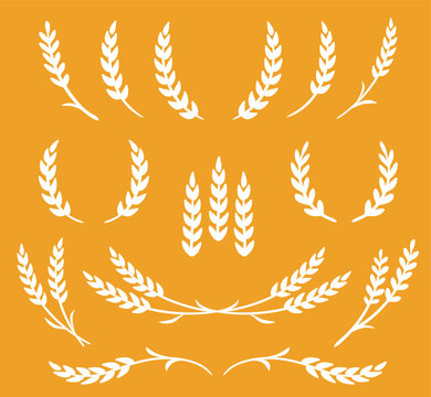 silhouette of weat ears, barley and rye stalks set icons and wreaths