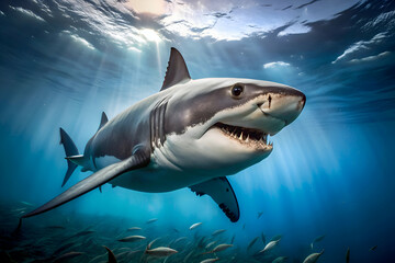 Fototapeta premium Majestic Great White Shark Underwater. A Stunning Ocean Predator