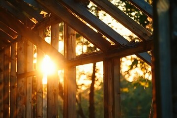 Fototapeta premium Sun shining through old abandoned wooden frame building in forest. Warm golden hour sunlight. Rustic, derelict shed structure for rural wallpaper and backdrop.