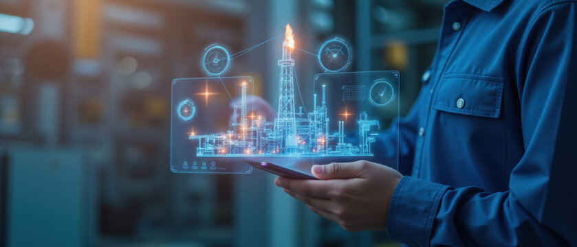 Digital oil rig visualization on tablet, showcasing technology and innovation in energy sector