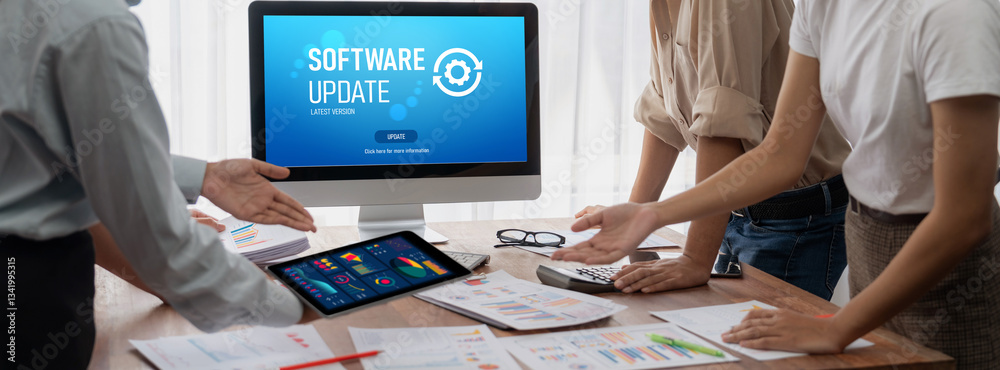 Poster Software update on computer for brisk version of device software upgrade