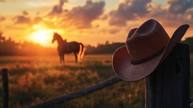 In the foreground is a wooden fence on which a brown cowboy hat is hanging. In the background, in a field, stands a horse with a white mane. The sun is setting, creating warm lighting and long shadows