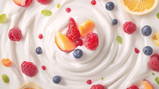 advertisement editorial photo of yoghurt cream cheese or skyr swirling with fresh red strawberries. Delicious dessert banner