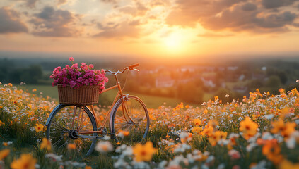 Fototapeta premium Sunset Bicycle in Flower Field Peaceful Summer Evening Scene