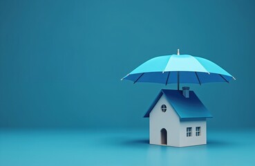 Small house model under blue umbrella on monochrome background. Mortgage protection concept, safe investment, real estate insurance, family wellbeing, secure property, home ownership, tenants rights,
