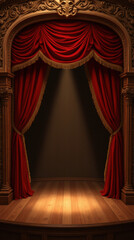 grand theater stage with rich red curtains and wooden flooring, creating inviting atmosphere for performances