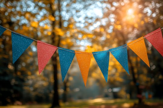 Festive Bunting Flags Autumn Park Background Colorful Triangular Pennants