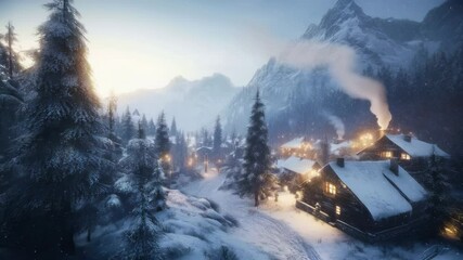 Snowy Mountain Village at Sunrise: A Winter Wonderland - Powered by Adobe
