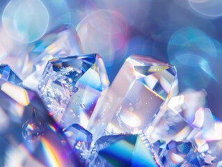 Close-up of a prismatic crystal with soft blue bokeh background