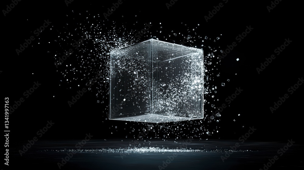 Poster the dynamic cube: a striking, dynamic representation of a cube, seemingly exploding into a myriad of