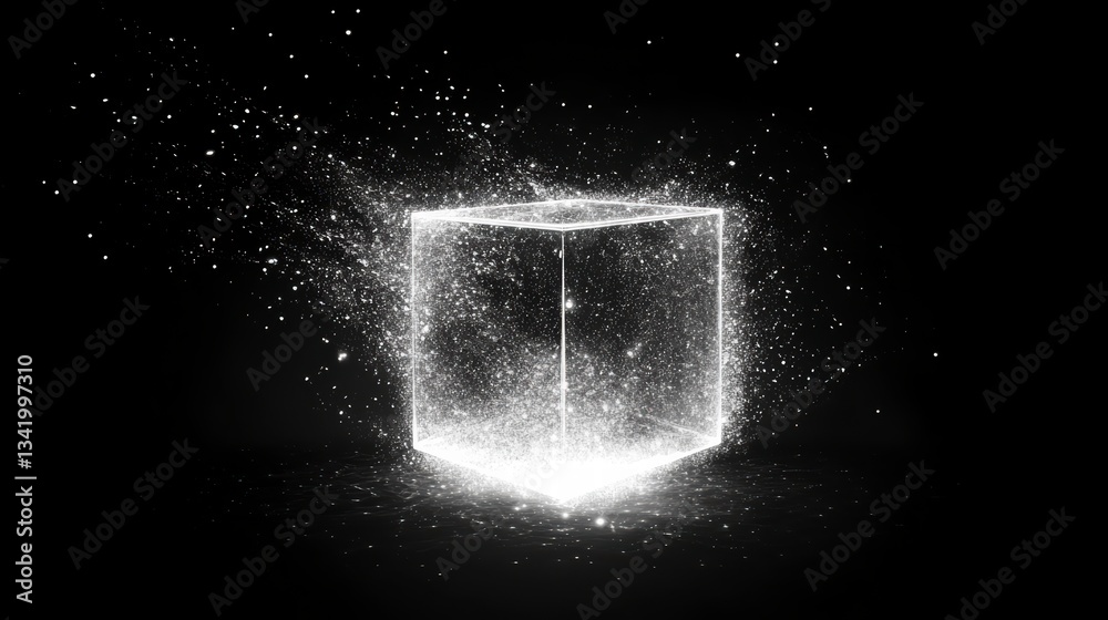 Poster abstract geometric explosion: a stylized cube dissolves into a cloud of particles, set against a dar