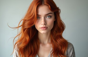 Fototapeta premium AI generated portrait of red hair girl. Female beauty style, ginger hair coloring, shampoo product advertising. Modern coiffure fashion trend, perfect haircut, hair salon advertisement.
