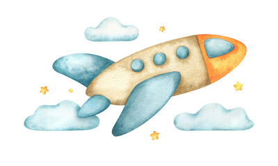 Colorful children's airplane jet among clouds and stars. Isolated hand drawn watercolor illustration of Aircraft. Kids clipart of air transport for baby shower and birthday cards, posters
