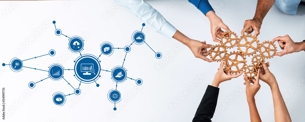 Poster A dynamic overhead view of diverse hands working together with gears, highlighting collaboration in analytics and technology for effective business innovation. Amity