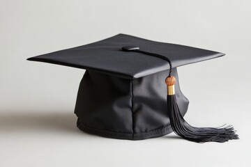 A black graduation cap with tassel on a neutral background