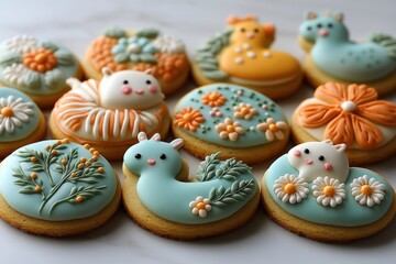 Delightful and Colorful Cookies Shaped Like Charming Animals and Vibrant Flowers Arranged Artistically for a Whimsical Dessert Table