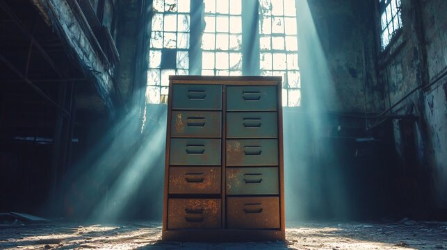 An aged, rusted steel filing cabinet inside a dark, abandoned warehouse with sunlight beaming through broken windows - Powered by Adobe