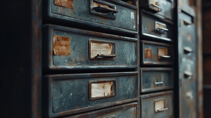 Antique metal filing cabinet with rusty handles and faded label tags, vintage aesthetic, moody lighting