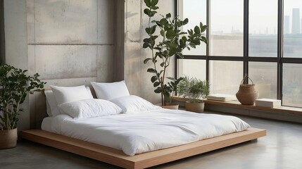 Modern bedroom with a large window that offers a panoramic view of the city. the room has a concrete wall on the left side and a wooden bed frame on the right side.