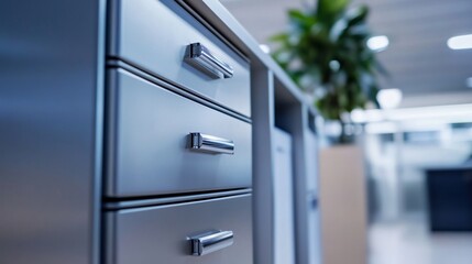 Close up of a high-end executive office filing cabinet, smooth metallic finish, minimalistic branding, professional setting