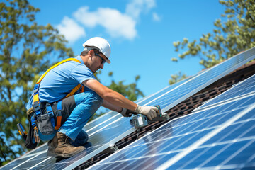 Male technician installs solar panels on a rooftop under a clear blue sky, showcasing commitment to renewable energy.