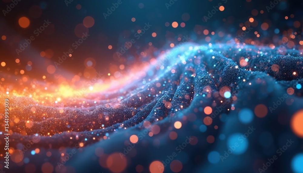 Poster Abstract digital data stream with binary code glowing particles. Light burst, speed movement, flow energy. Futuristic modern dynamic vibrant colorful background for technology, data science,