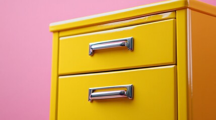 Close up of a vibrant yellow filing cabinet with a retro feel, set against a pastel pink background