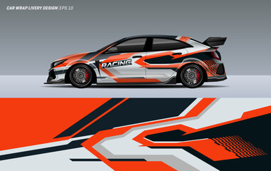 Modern racing car wrap. livery design with elegant racing line theme with orange color combination